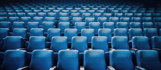 A straight row of empty blue seats in a cinema or theater, ready to welcome an audience for a show or movie. The seats are neatly aligned, creating a sense of order and anticipation in the venue.