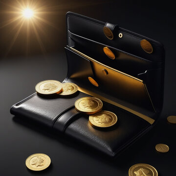 Black leather wallet with coins overflowing from the wallet. Investment concept