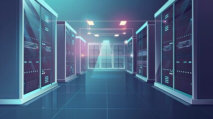 the efficiency and precision of AI data processing in a bustling Data Center, where servers hum with activity, conveying both speed and accuracy. - obrazy, fototapety, plakaty