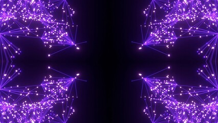 futuristische violette leuchtende synchrone Netzwerkverknüpfungen mit Knotenpunkten, Fraktal, Muster, Kreis, Links, Verbindungen, KI, Internet, Server, Plexuseffekt, System, FTTH, Daten, leuchten