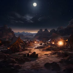 Fototapeten the moonlit desert, with tents and camels resting beneath the serene night sky © wizXart