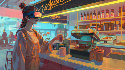 Fototapeta premium The performance of the girl in virtual reality glasses is at the counter