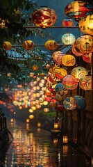 Naklejka premium Honoring Ancestors: Celebrating Japan's Obon Festival with Lanterns and Dance