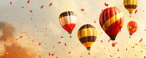 Obraz premium Happy national Belgium day banner. Vector illustration with realistic air balloons colored in Belgium flags. Festive background with color serpentine and confetti.