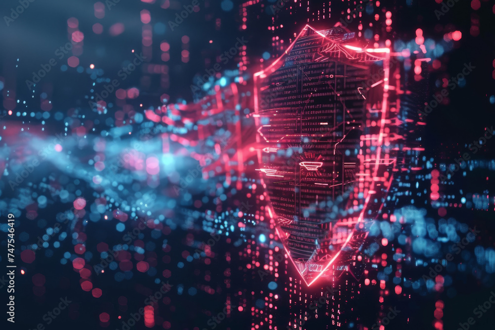 Poster a futuristic shield made of binary code with a red light coming out of it