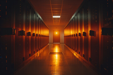 A row of servers in a dark hallway with a light at the end