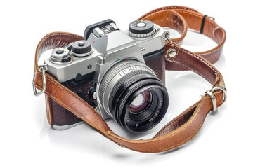 vintage camera with brown leather strap