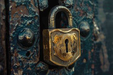 A close up of a padlock on a door