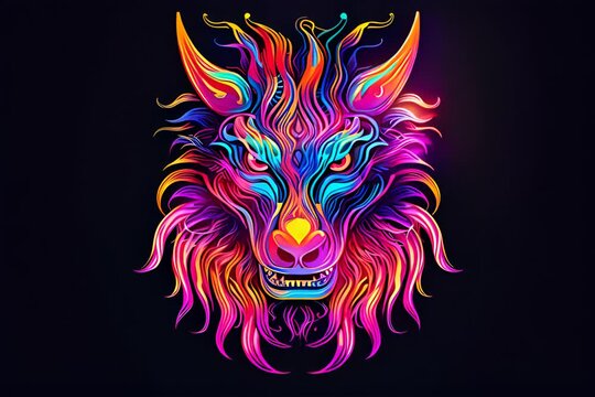 Vibrant neon-colored wolf head on a black background with abstract patterns