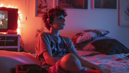 teen boy sitting on bed casually relaxing gen z 