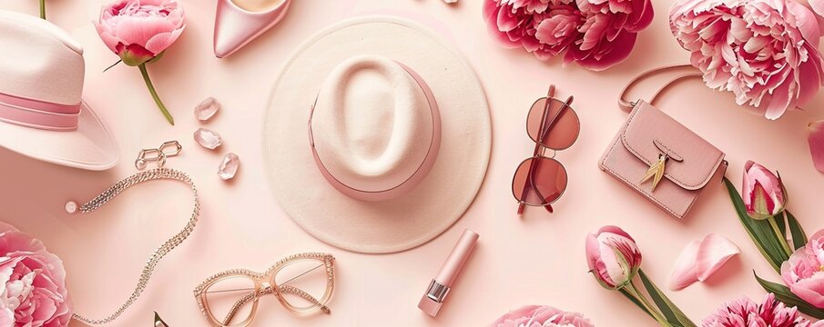 Feminine Elegance: Stock images feature an International Women's Day theme with a stylish peonies flat lay.