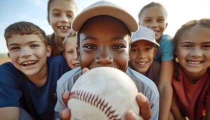 up close baseball group of diverse kids having fun with friends playing sports 