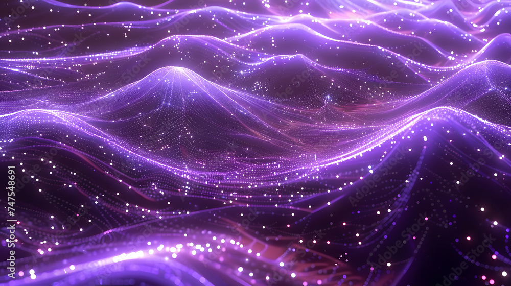 Poster purple radiance: abstract digital background with mesmerizing particles wave and light