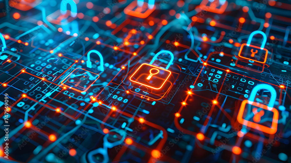 Poster digital blue fortress: abstract data security with privacy lock background