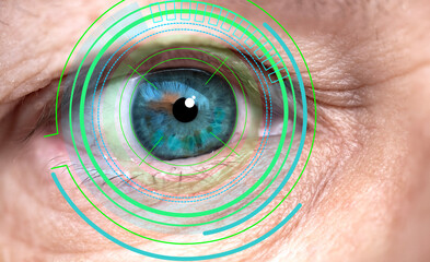close-up human eye, concept of patient care, vision check, intraocular lens, medical technology,...