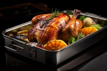 Fototapeta premium Close-up view photography of an exquisite roast chicken in a bento box against a polished metal background. AI Generation