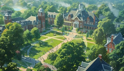 aerial view of prestigious college campus drawing lush scenery pathways with students  - obrazy, fototapety, plakaty