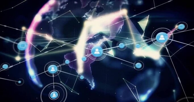 Animation of network of connections with icons over globe