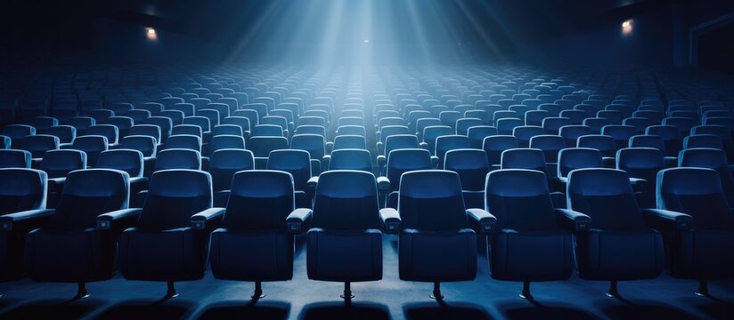 An empty theater illuminated by a bright light coming from the ceiling, showcasing rows of blue-toned chairs and an empty stage.