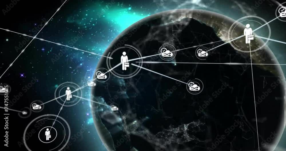 Poster animation of network of connections with icons over globe