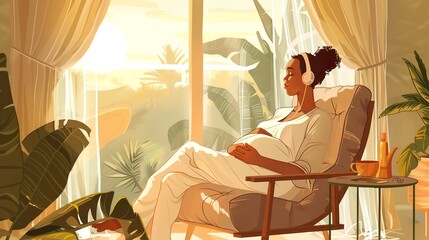 an illustration of a tranquil and soothing environment tailored for a pregnant woman seeking relaxation through music - obrazy, fototapety, plakaty
