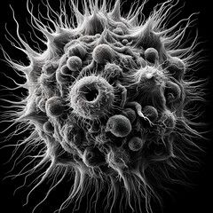 A detailed, microscopic view of a virus.