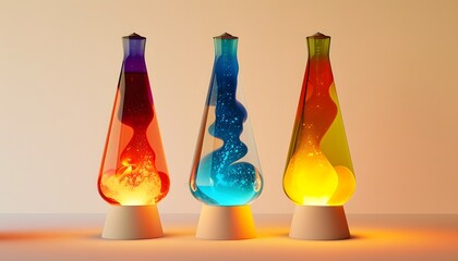 three colorful groovy 70's lava lamps 