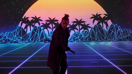 Person against big digital wall in studio. Man samurai acting with japanese sword katana in front of digital screen neon cyber graphic visual background.
