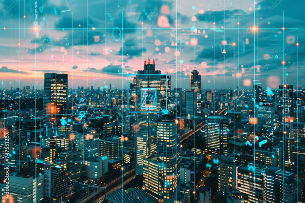 Poster an aerial view of a city with a computer chip on top of a building