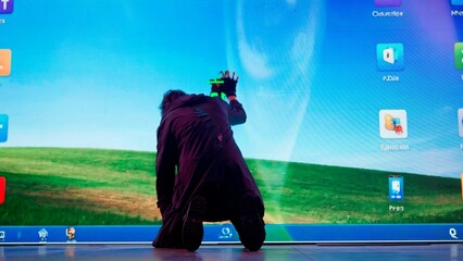 Person against big digital wall in studio. Man stands on knees touching digital screen with cyber...