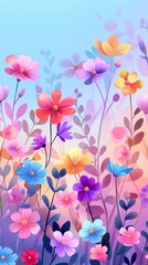 Fototapeta na wymiar A variety of colorful flowers, an abstract nature backdrop with a pastel gradient sky. Concept of International Women's Day