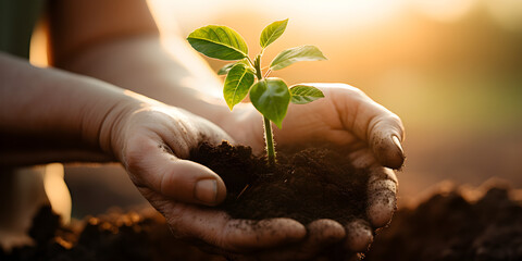 Human hands holding a small young plant in a soil, blurs green sunlight background 