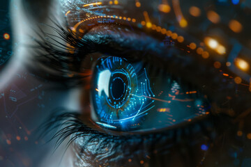 A close up of a woman 's eye with a futuristic design on it