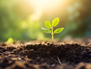 A young plant seedling growing in the soil, blurry green sunlight background 