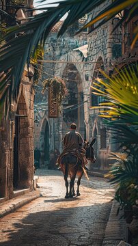 Fototapeta A man rides a donkey along the street of the old city, palm leaves in the right corner of the frame, a card or banner for Palm Sunday