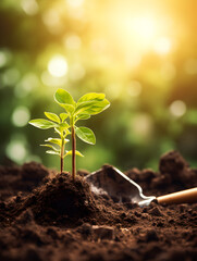 A young plant seedling growing in the soil, blurry green sunlight background 