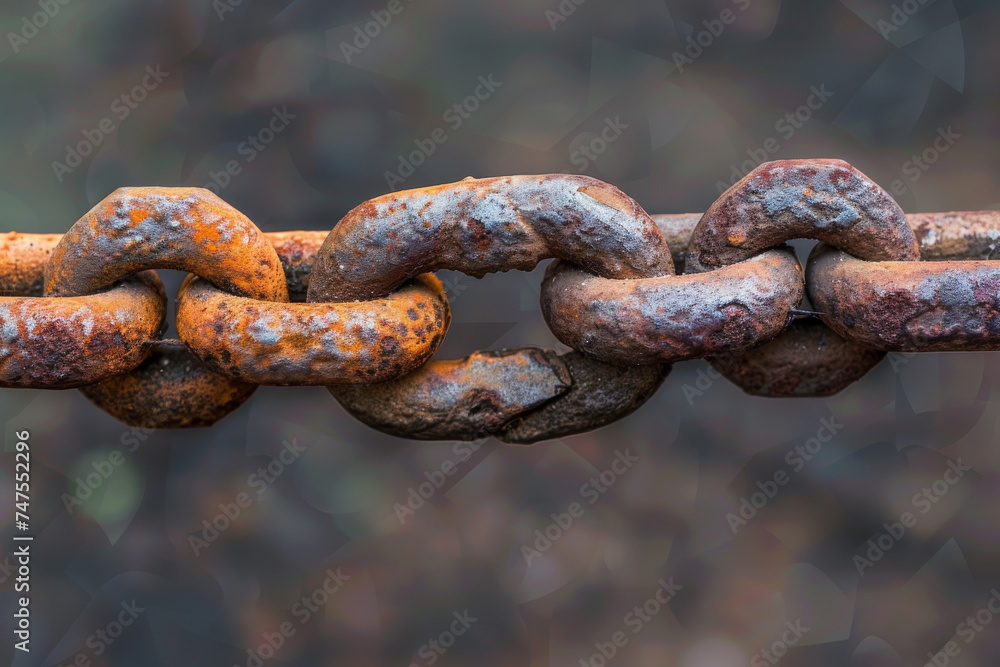 Poster a close up of a rusty chain with a broken link