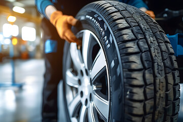 tire at repairing service garage background. Technician man replacing winter and summer tire for safety road trip. Transportation and automotive maintenance concept