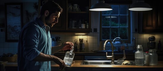 A man is standing in a kitchen at night, pouring filtered water into a glass next to the sink. The dimly lit room highlights the domestic scene.