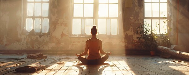 Young woman doing ashtanga yoga practice in a loft studio, surrounded by bright sunlight. Beutiful girl meditating makes herself a healthy body and strengthening the spirit. - obrazy, fototapety, plakaty
