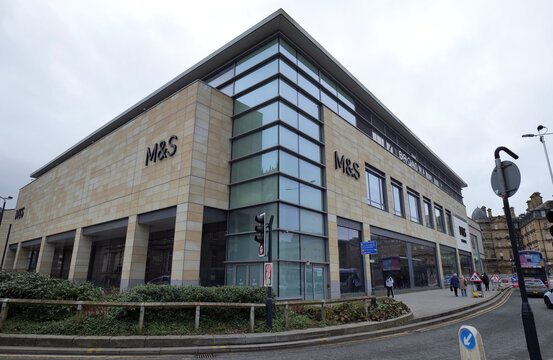 Bradford, UK 02 28 2024 Exterior of the Marks and Spencer store at the Broadway shopping centre in the centre of the City.