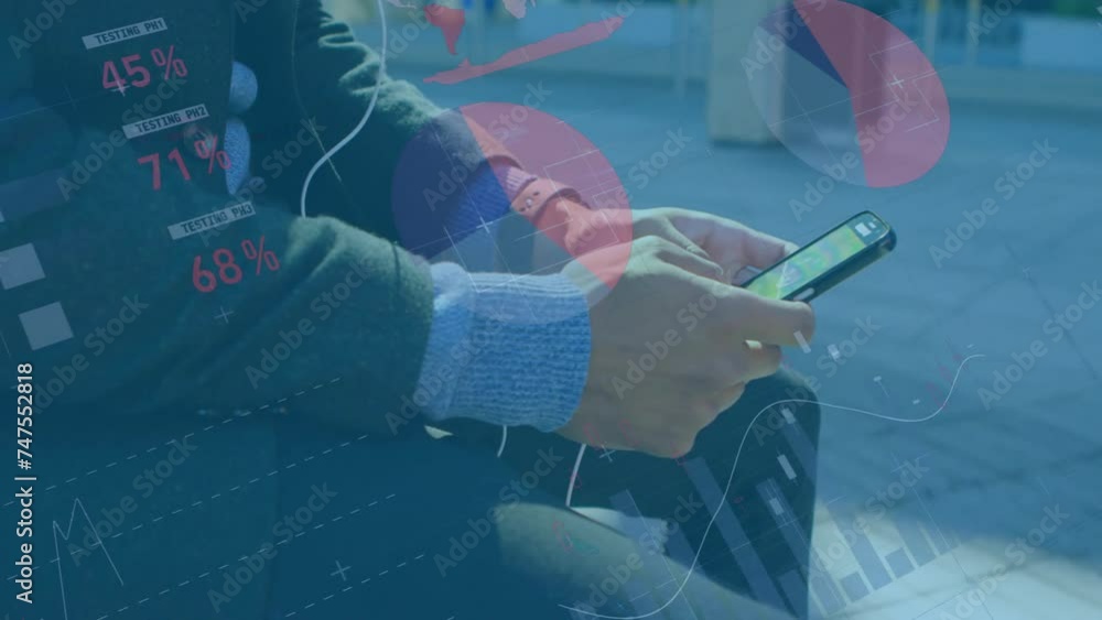 Poster animation of data processing and diagrams over biracial man using smartphone in city