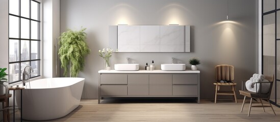 A spacious bathroom featuring a stylish bathtub, double sink with mirrors on a gray countertop, wooden flooring, and gray and white walls.