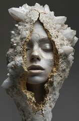 beautiful human, in Crystal Geode, Split open, marble skin, showcasing crystals inside. Surrealistic concept