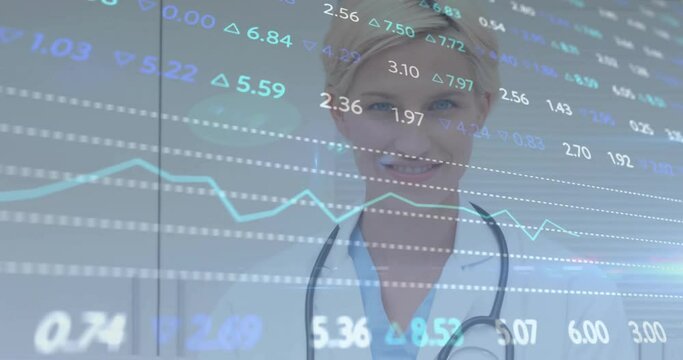 Animation of diagrams and stock market over caucasian female doctor in hospital