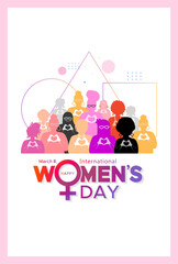 Group of diverse women with happy Women's day typography.