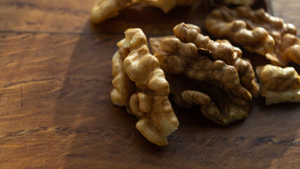 Walnut close-up. Walnut on a wooden table