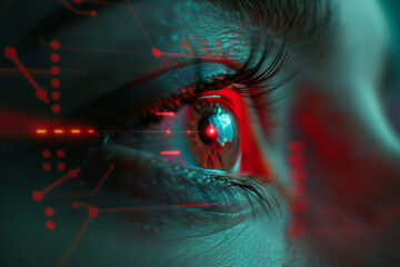 A close up of a woman 's eye with a red light coming out of it