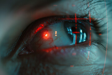A close up of a person 's eye with a red light shining on it
