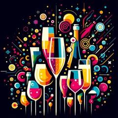A vibrant and festive concept of wine tasting featuring colorful glasses of champagne and sparkling...